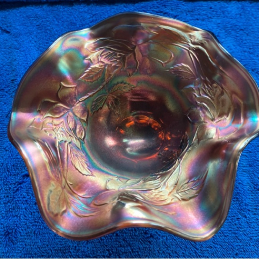 Fenton Amethyst Carnival Iridescent Rose Floral Glass Compote